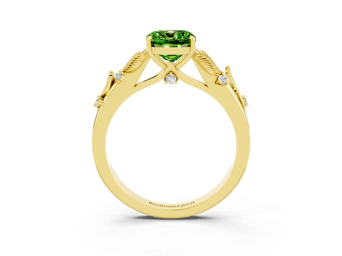 Yellow gold Cushion Cut Peridot Solitaire Ring with Leaf Motif Band and Four-Prong Setting_3