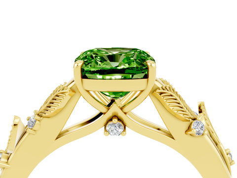 Yellow gold Cushion Cut Peridot Solitaire Ring with Leaf Motif Band and Four-Prong Setting_4