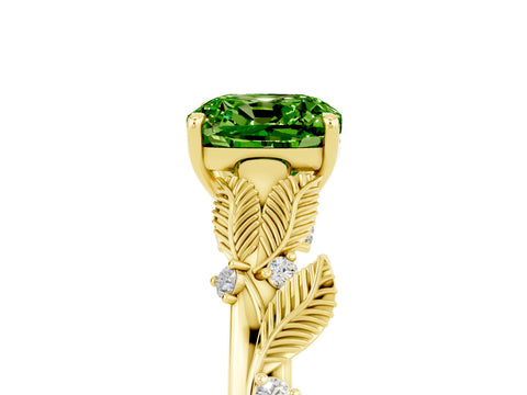 Yellow gold Cushion Cut Peridot Solitaire Ring with Leaf Motif Band and Four-Prong Setting_5