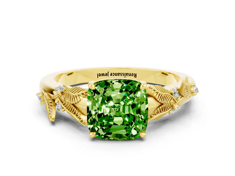 Yellow gold Cushion Cut Peridot Solitaire Ring with Leaf Motif Band and Four-Prong Setting