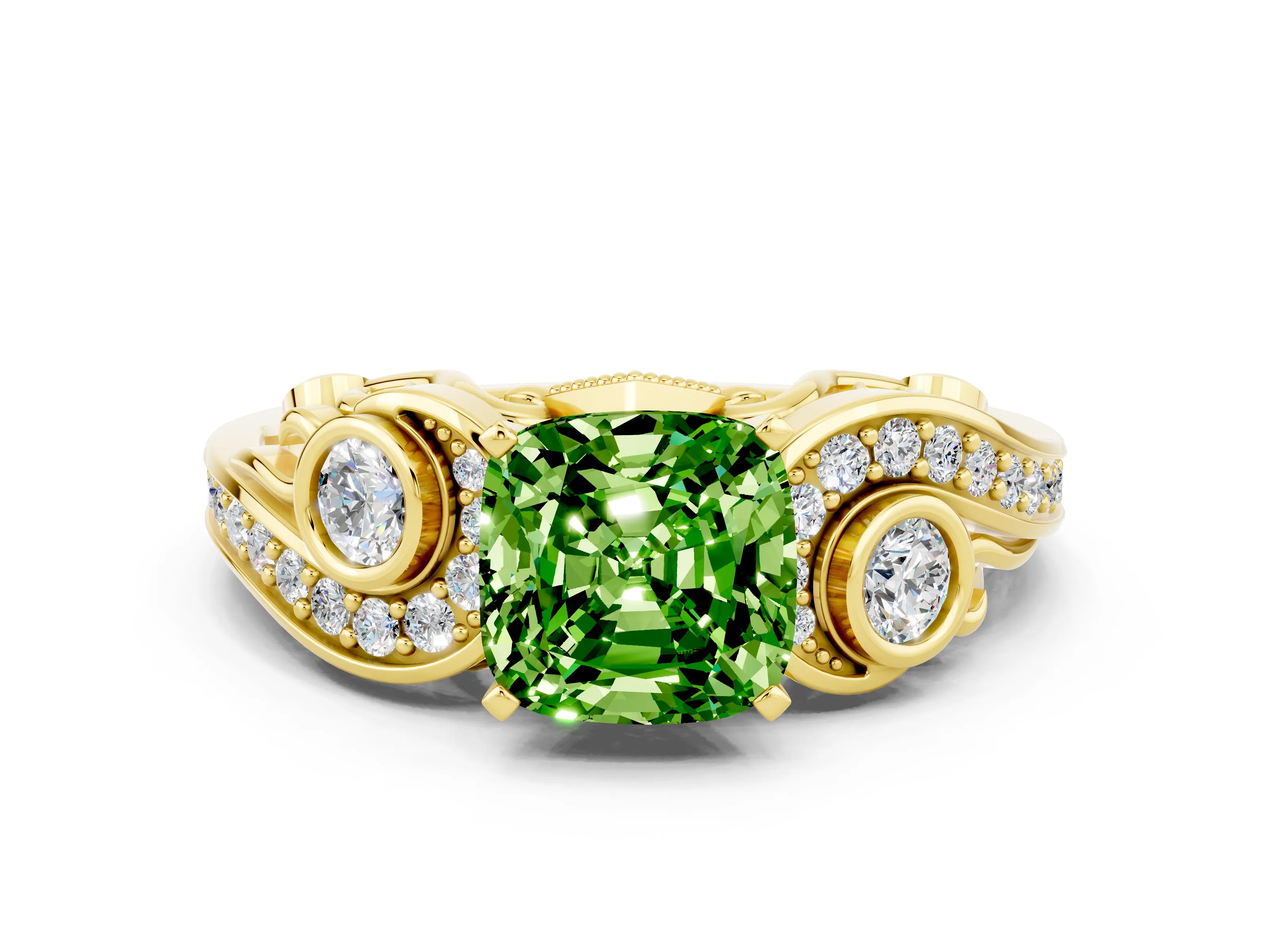 Yellow gold Cushion Cut Peridot Solitaire Ring with Milgrain Pavé Band and Four-Prong Setting_24