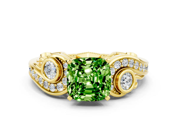 Yellow gold Cushion Cut Peridot Solitaire Ring with Milgrain Pavé Band and Four-Prong Setting