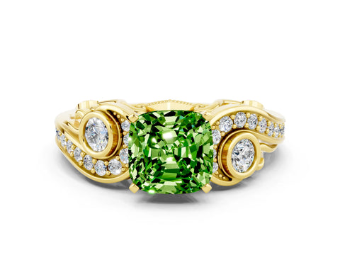 Yellow gold Cushion Cut Peridot Solitaire Ring with Milgrain Pavé Band and Four-Prong Setting_24