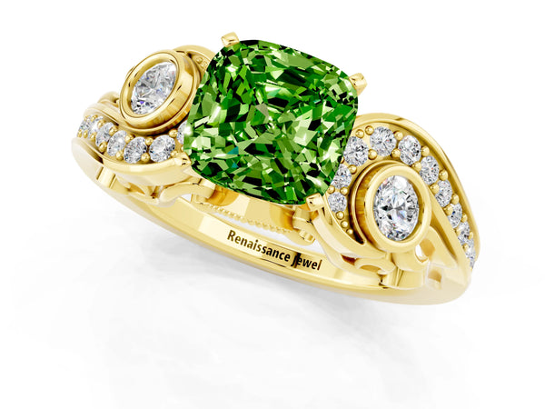 Yellow gold Cushion Cut Peridot Solitaire Ring with Milgrain Pavé Band and Four-Prong Setting