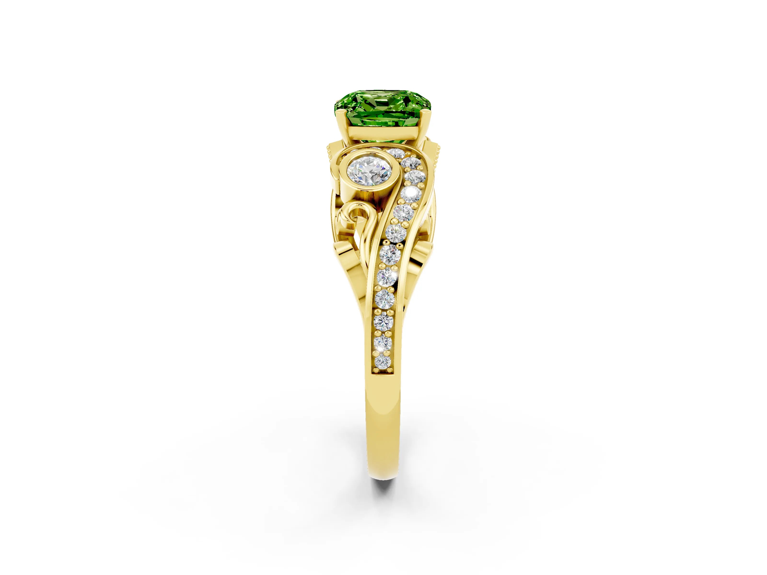 Yellow gold Cushion Cut Peridot Solitaire Ring with Milgrain Pavé Band and Four-Prong Setting_26