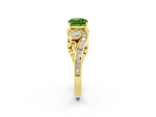 Yellow gold Cushion Cut Peridot Solitaire Ring with Milgrain Pavé Band and Four-Prong Setting
