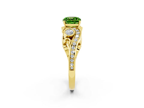 Yellow gold Cushion Cut Peridot Solitaire Ring with Milgrain Pavé Band and Four-Prong Setting_26