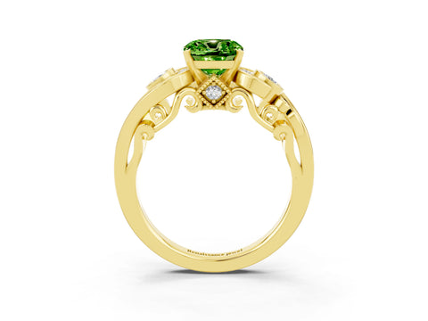 Yellow gold Cushion Cut Peridot Solitaire Ring with Milgrain Pavé Band and Four-Prong Setting_27