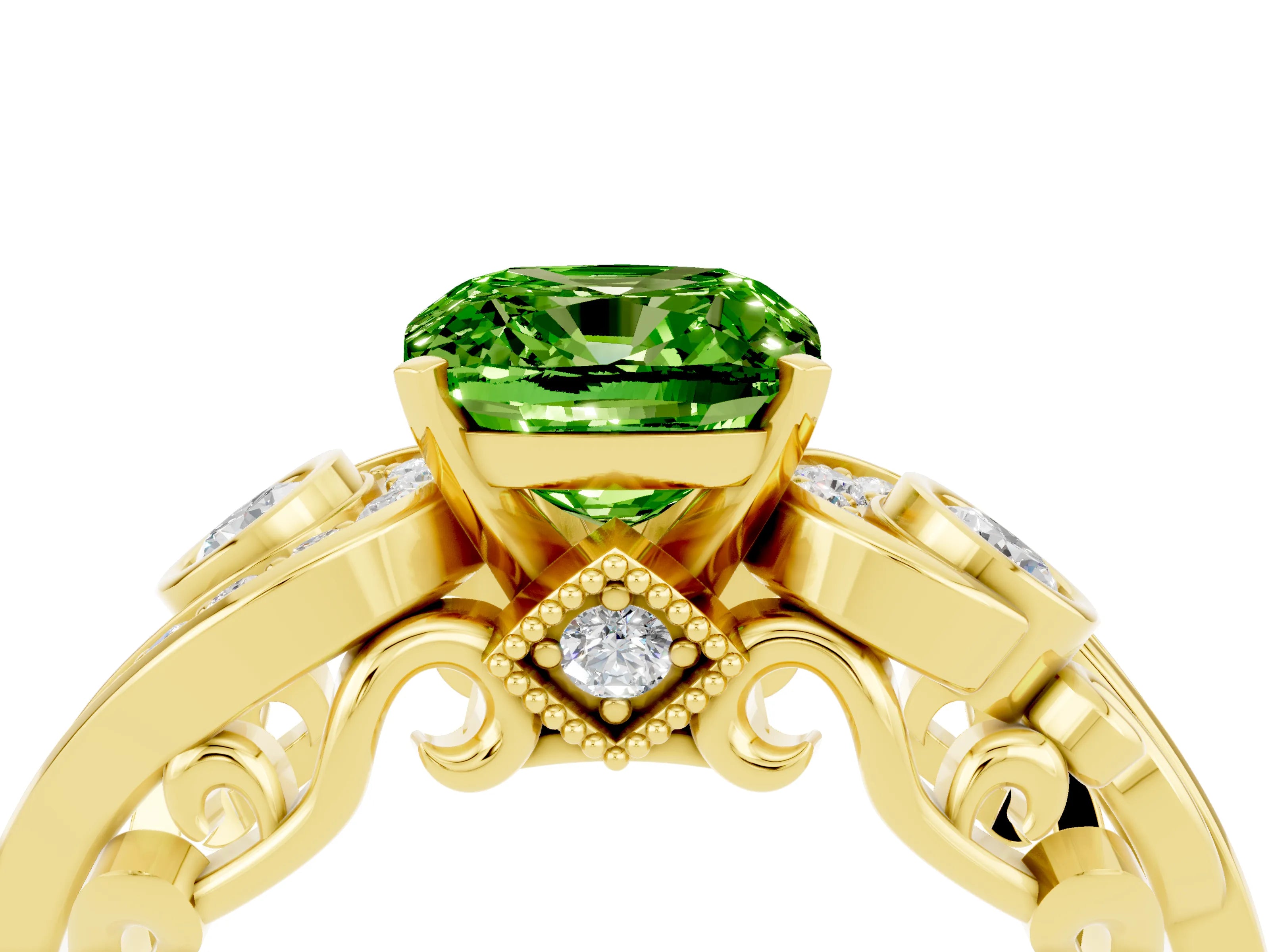 Yellow gold Cushion Cut Peridot Solitaire Ring with Milgrain Pavé Band and Four-Prong Setting_28