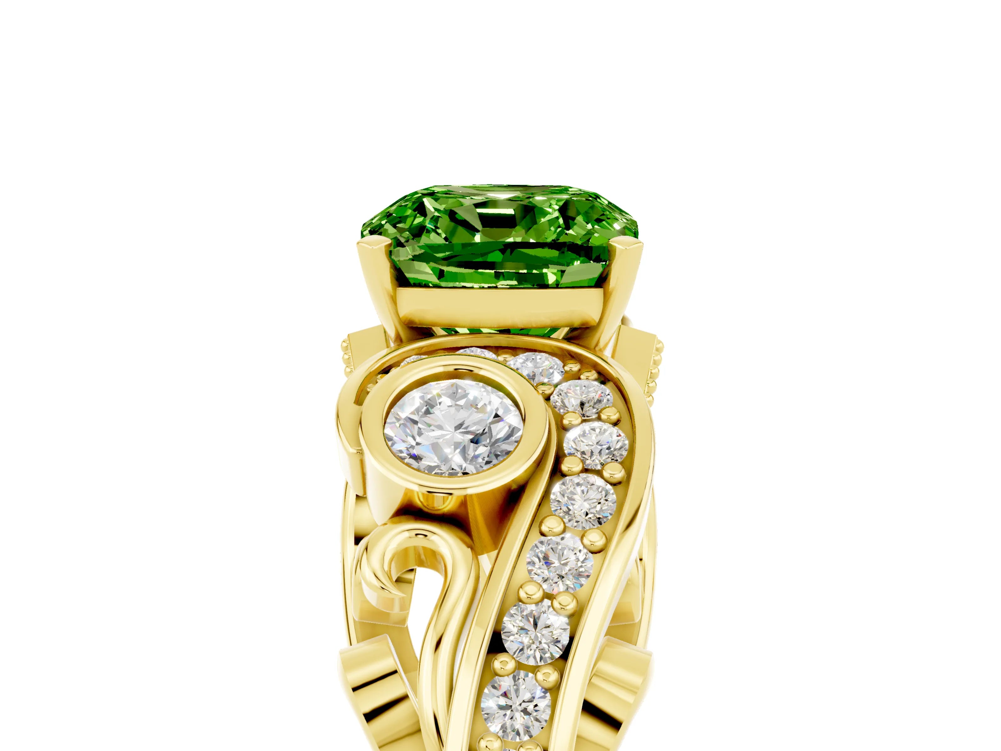 Yellow gold Cushion Cut Peridot Solitaire Ring with Milgrain Pavé Band and Four-Prong Setting_29