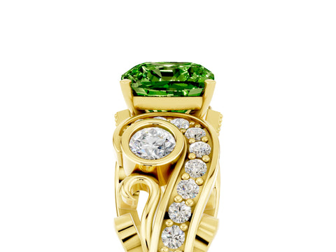 Yellow gold Cushion Cut Peridot Solitaire Ring with Milgrain Pavé Band and Four-Prong Setting_29