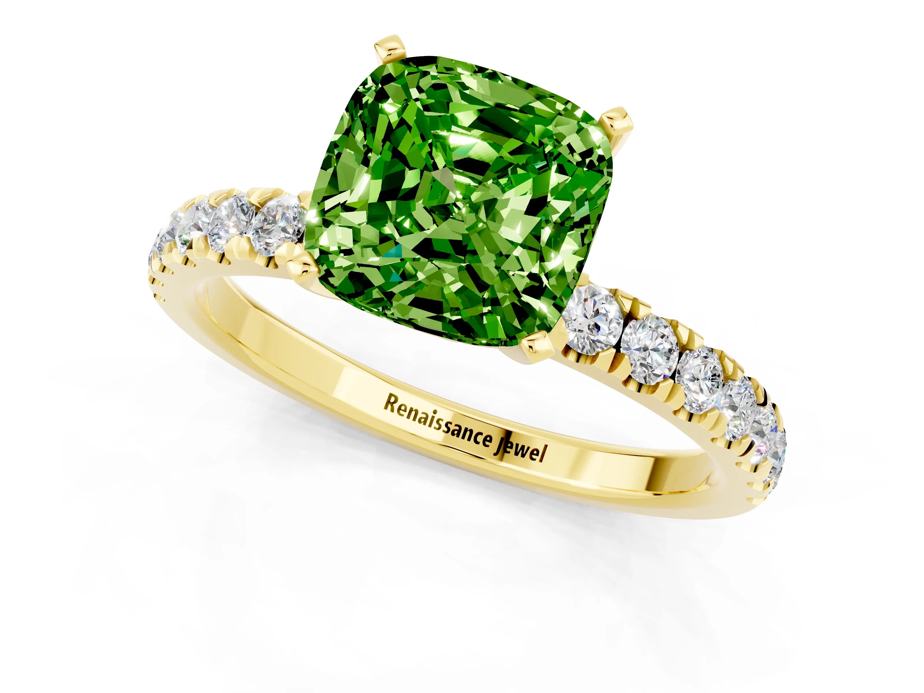 Yellow gold Cushion Cut Peridot Solitaire Ring with Pavé Accents and Four-Prong Setting_1