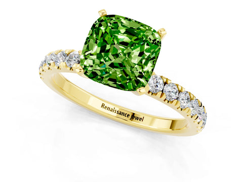Yellow gold Cushion Cut Peridot Solitaire Ring with Pavé Accents and Four-Prong Setting_1
