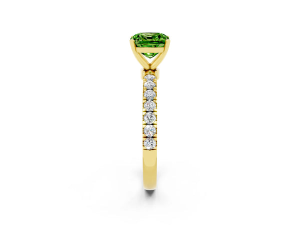 Yellow gold Cushion Cut Peridot Solitaire Ring with Pavé Accents and Four-Prong Setting