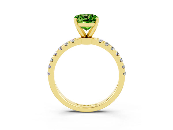 Yellow gold Cushion Cut Peridot Solitaire Ring with Pavé Accents and Four-Prong Setting
