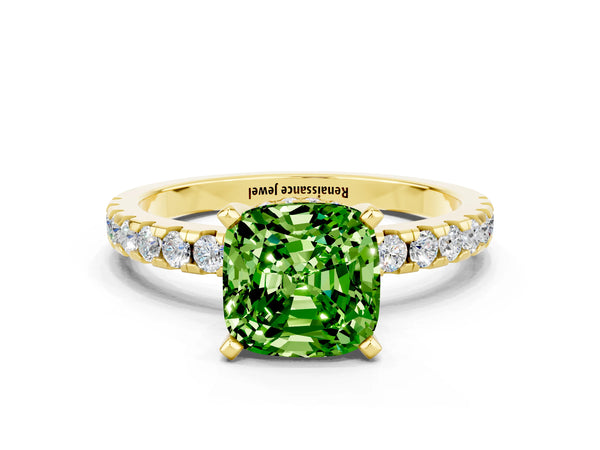 Yellow gold Cushion Cut Peridot Solitaire Ring with Round  Pavé Band and Four-Prong Setting