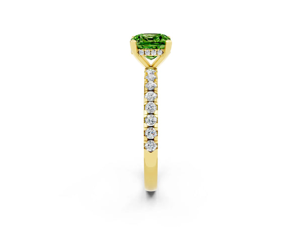 Yellow gold Cushion Cut Peridot Solitaire Ring with Round  Pavé Band and Four-Prong Setting