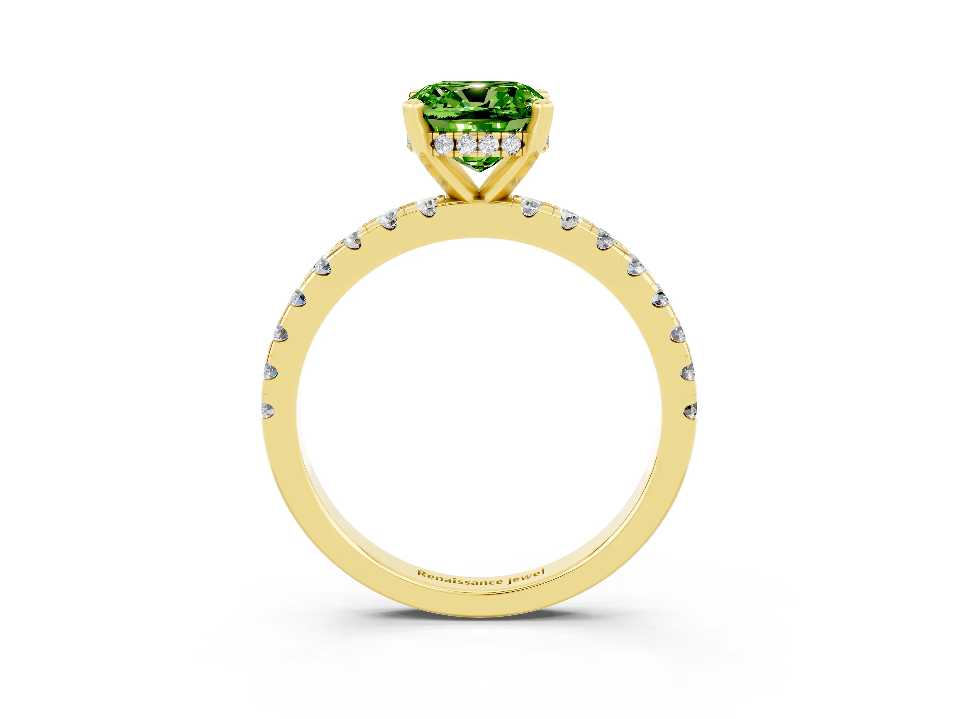 Yellow gold Cushion Cut Peridot Solitaire Ring with Pavé Band and Four-Prong Setting_27