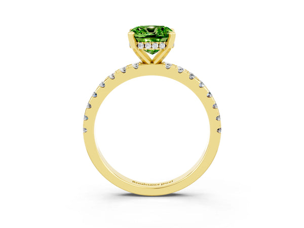 Yellow gold Cushion Cut Peridot Solitaire Ring with Round  Pavé Band and Four-Prong Setting