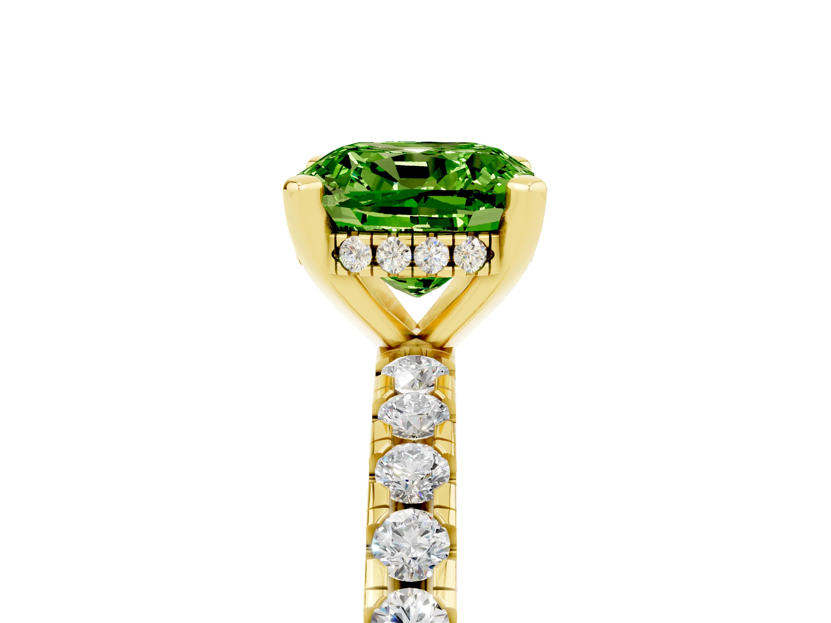 Yellow gold Cushion Cut Peridot Solitaire Ring with Pavé Band and Four-Prong Setting_29