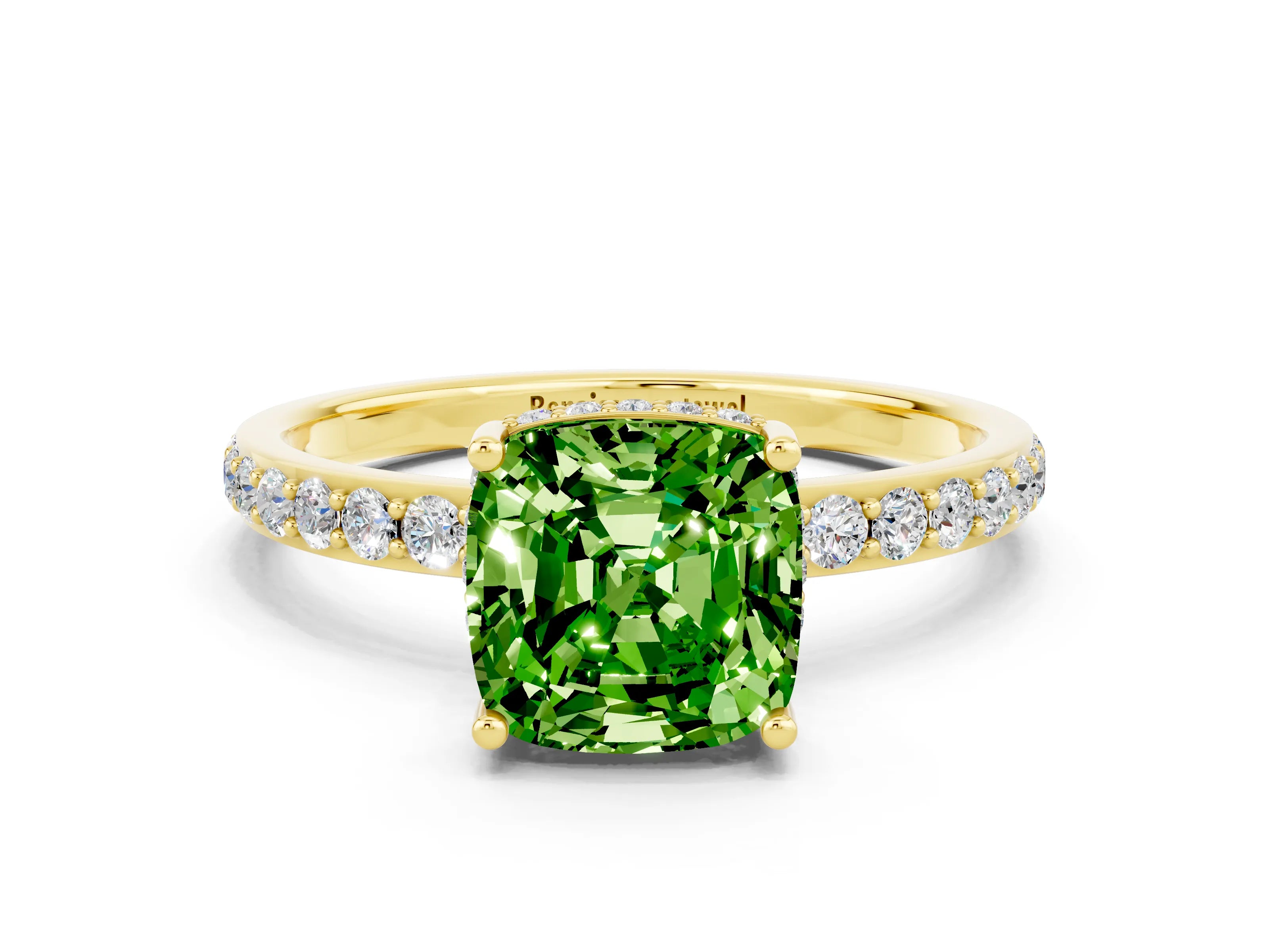 Yellow gold Cushion Cut Peridot Solitaire Ring with Pavé Band and Hidden Halo_12