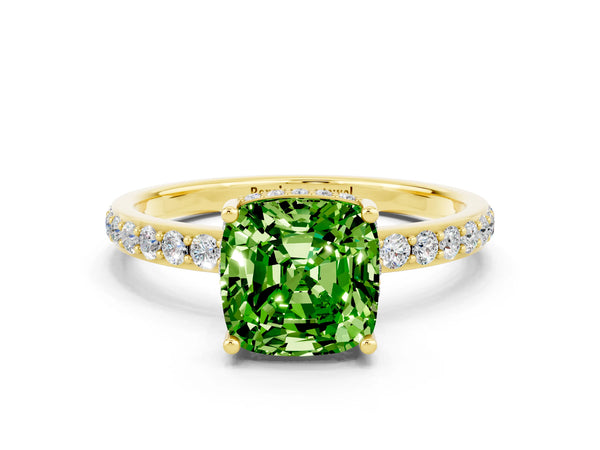 Yellow gold Cushion Cut Peridot Solitaire Ring with Pavé Band and Hidden Halo