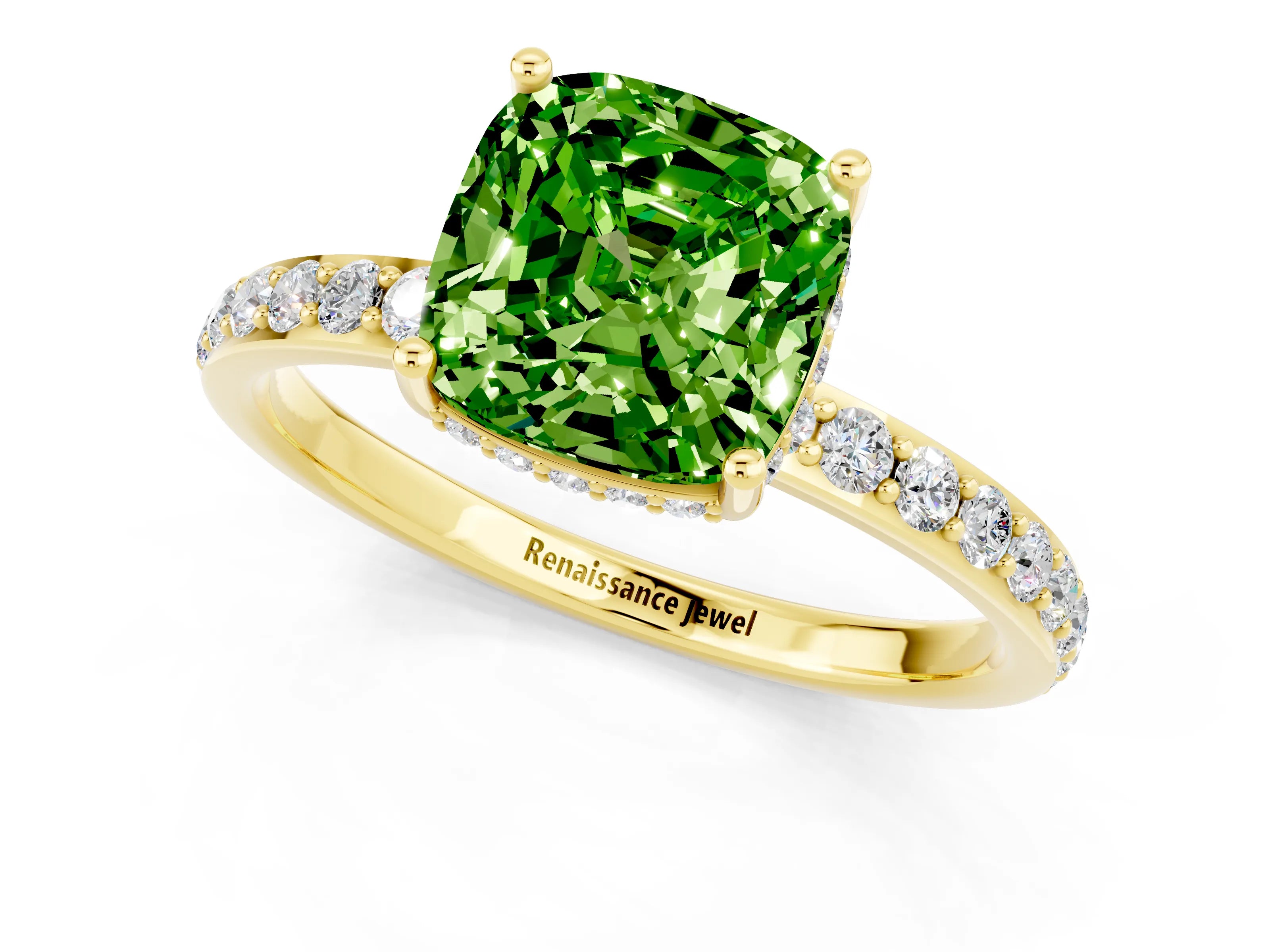 Yellow gold Cushion Cut Peridot Solitaire Ring with Pavé Band and Hidden Halo_13
