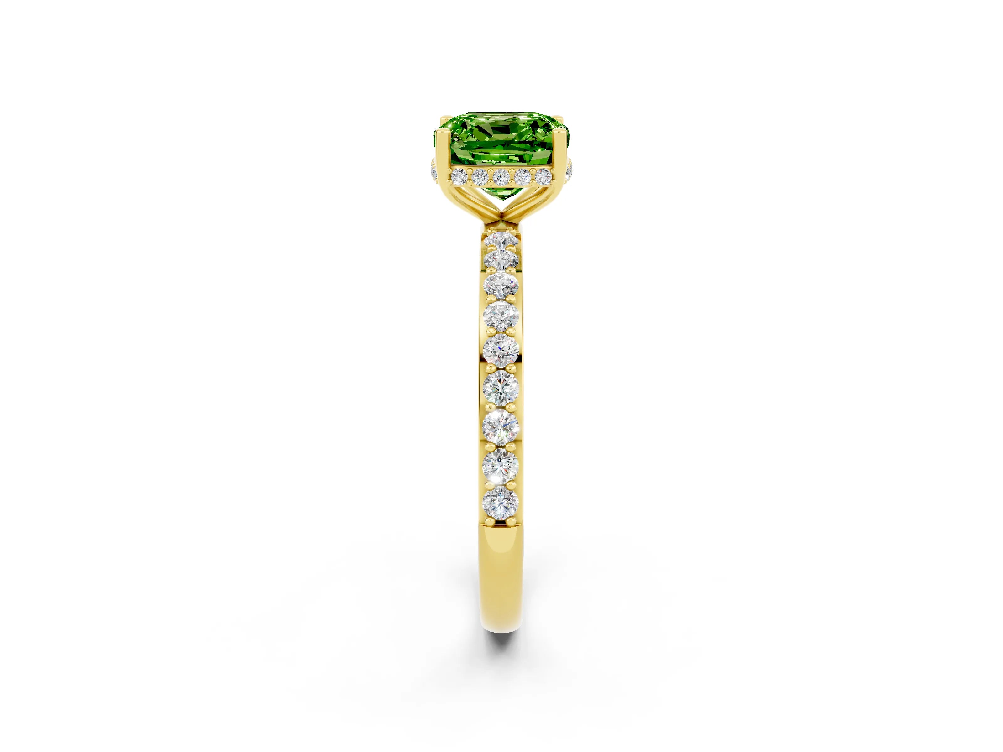 Yellow gold Cushion Cut Peridot Solitaire Ring with Pavé Band and Hidden Halo_14