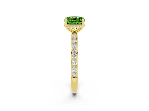 Yellow gold Cushion Cut Peridot Solitaire Ring with Pavé Band and Hidden Halo