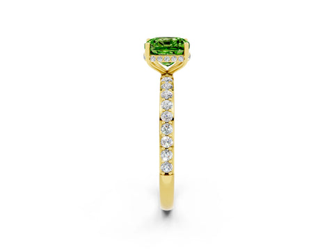 Yellow gold Cushion Cut Peridot Solitaire Ring with Pavé Band and Hidden Halo_14