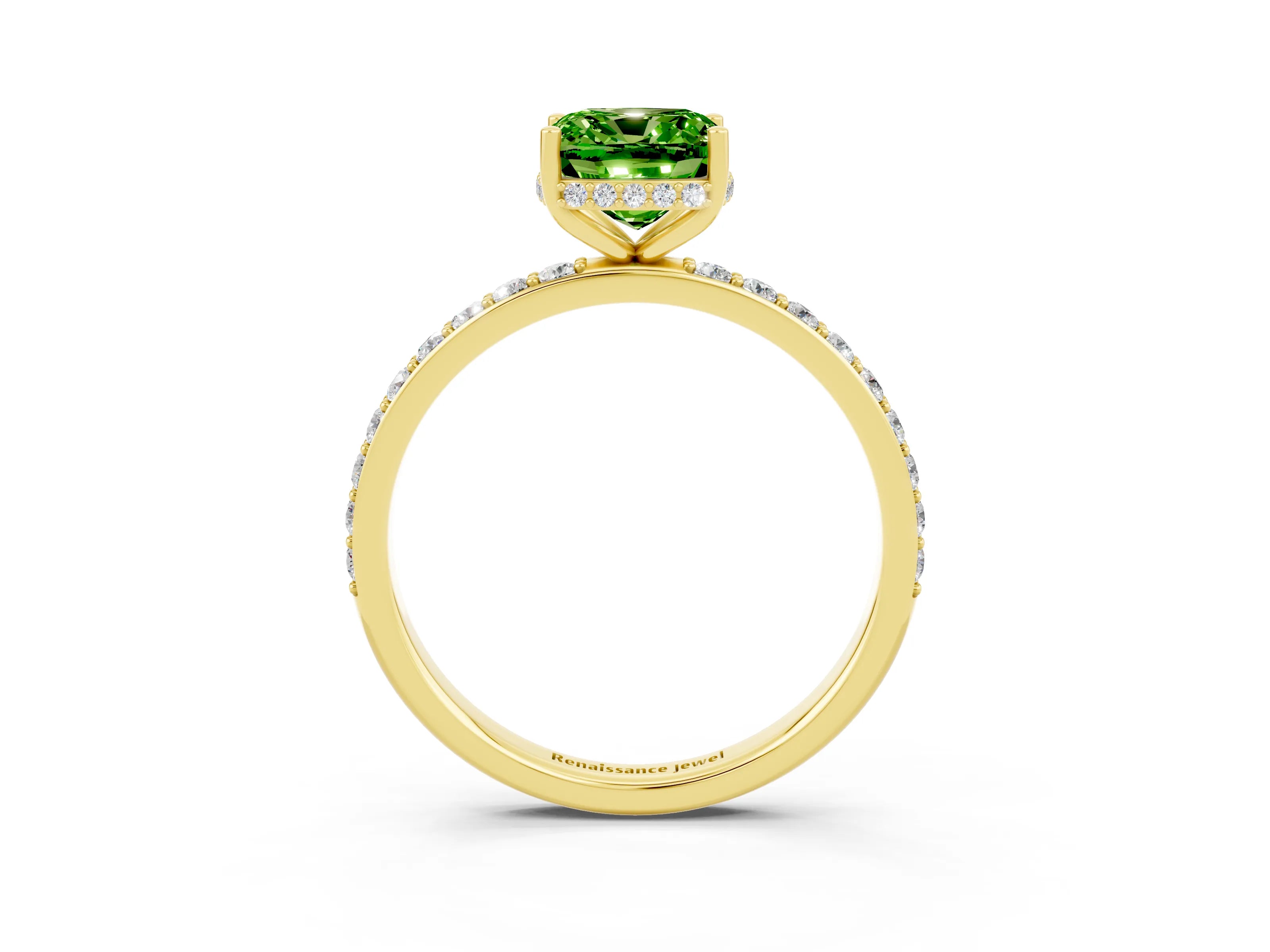 Yellow gold Cushion Cut Peridot Solitaire Ring with Pavé Band and Hidden Halo_15