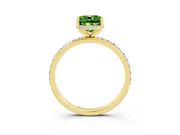 Yellow gold Cushion Cut Peridot Solitaire Ring with Pavé Band and Hidden Halo