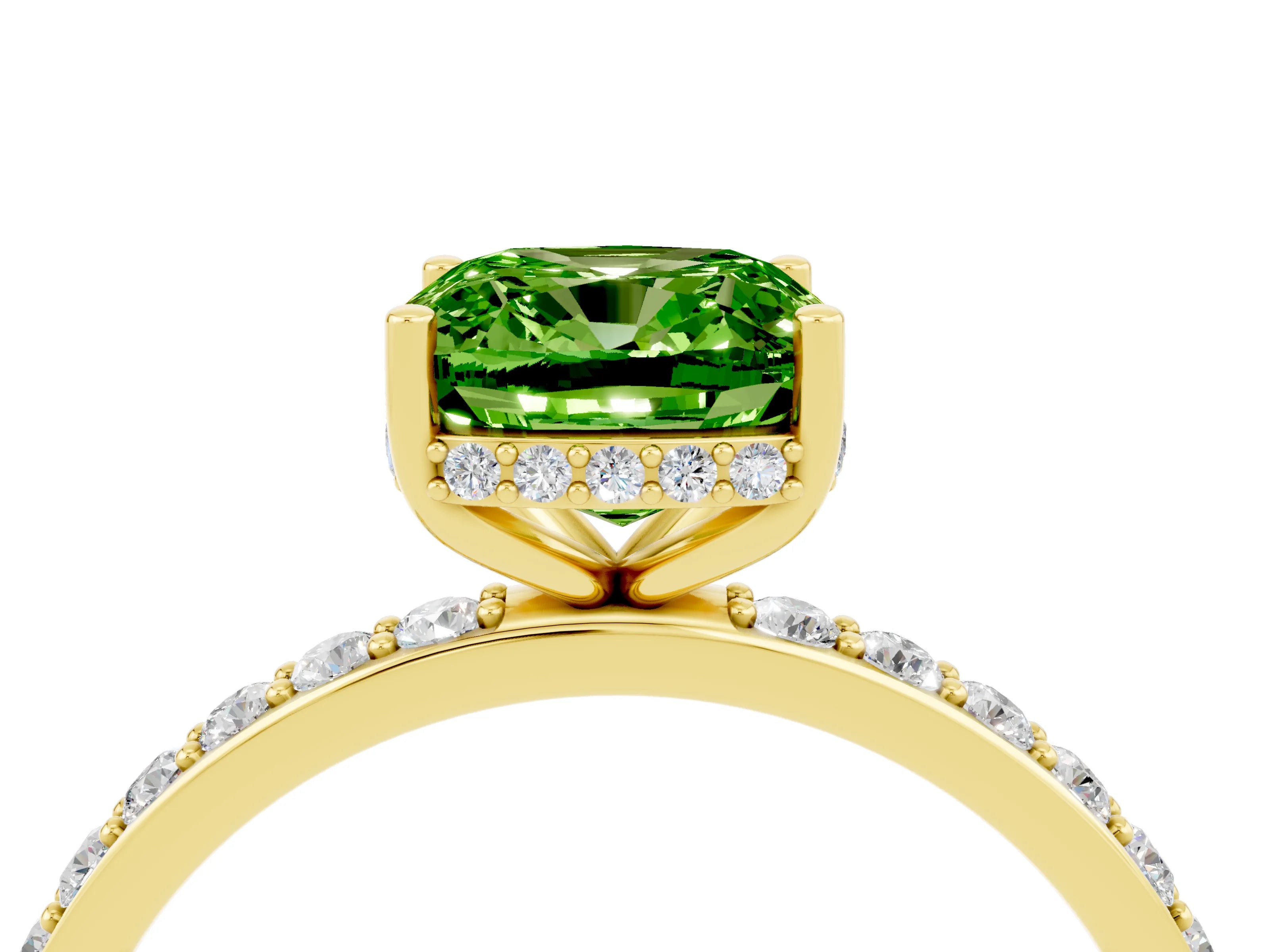 Yellow gold Cushion Cut Peridot Solitaire Ring with Pavé Band and Hidden Halo_16