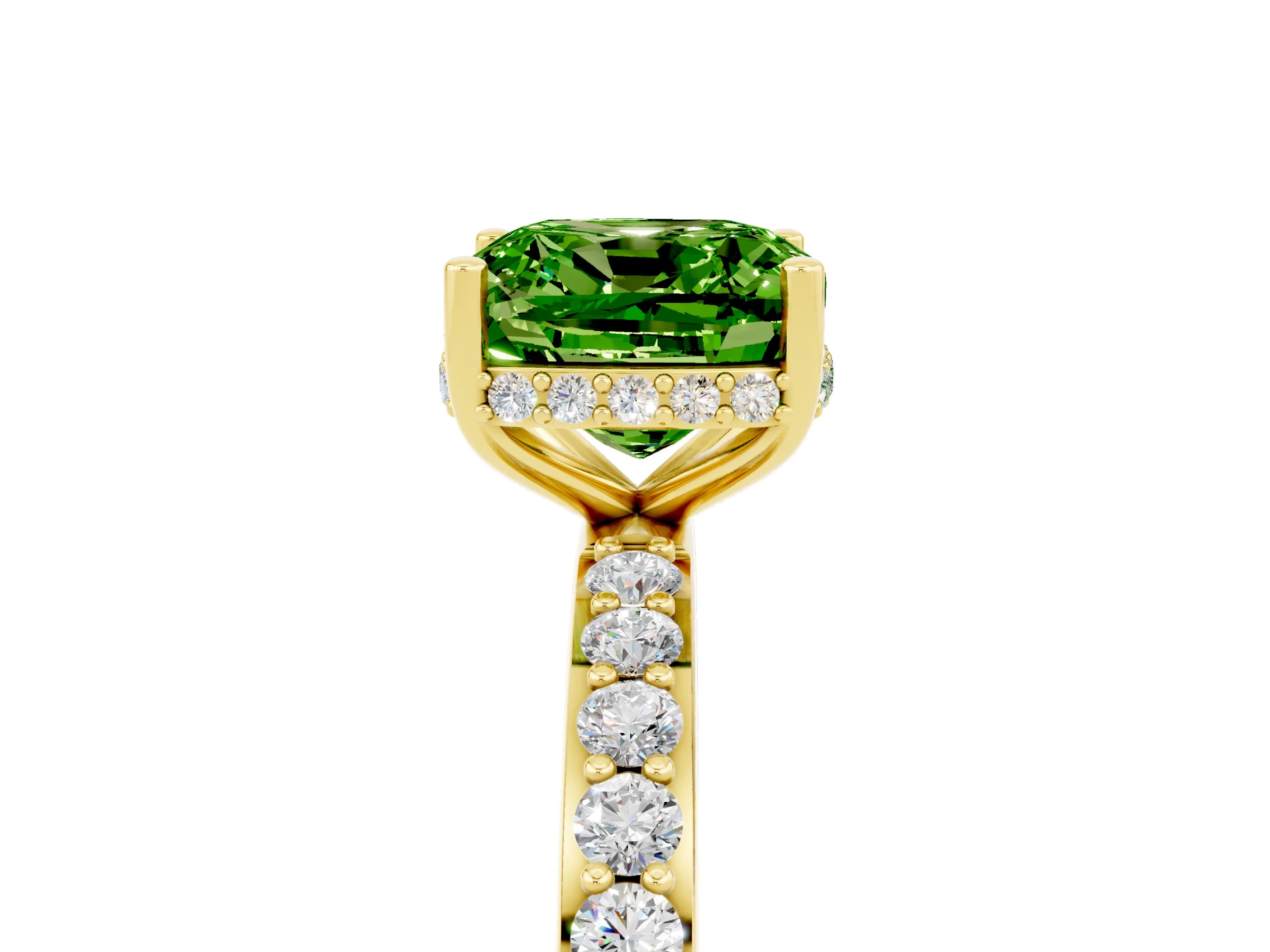 Yellow gold Cushion Cut Peridot Solitaire Ring with Pavé Band and Hidden Halo_17