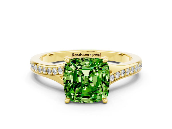 Yellow gold Cushion Cut Peridot Solitaire Ring with Pavé Band and Prong Setting