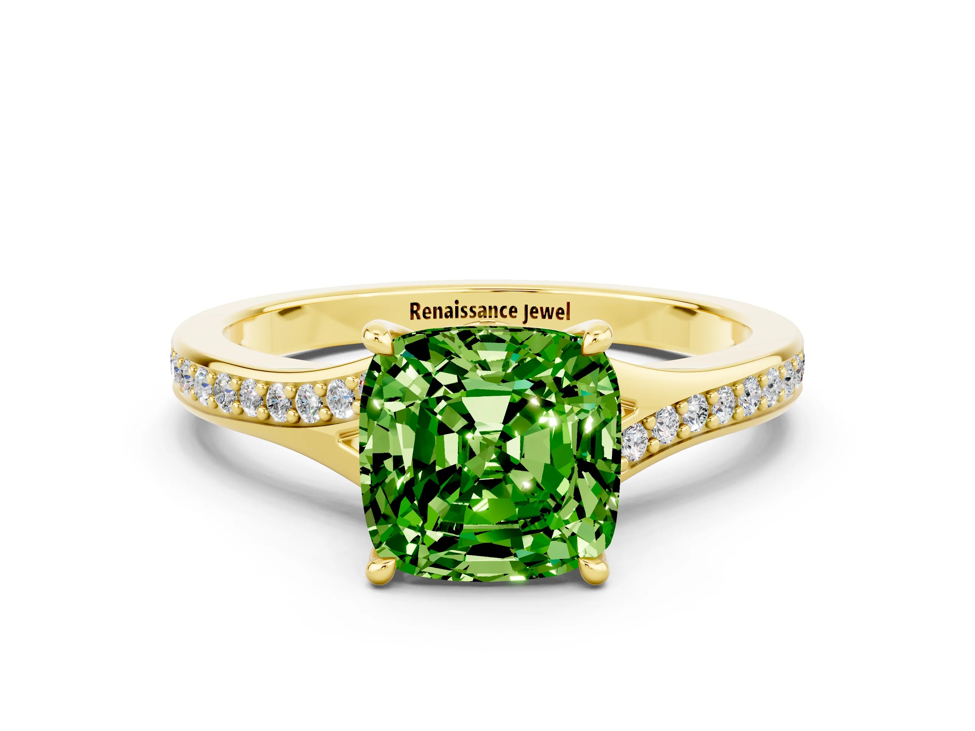 Yellow gold Cushion Cut Peridot Solitaire Ring with Pavé Band and Prong Setting_12
