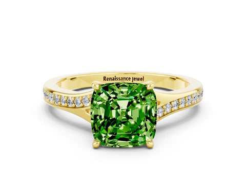 Yellow gold Cushion Cut Peridot Solitaire Ring with Pavé Band and Prong Setting_12
