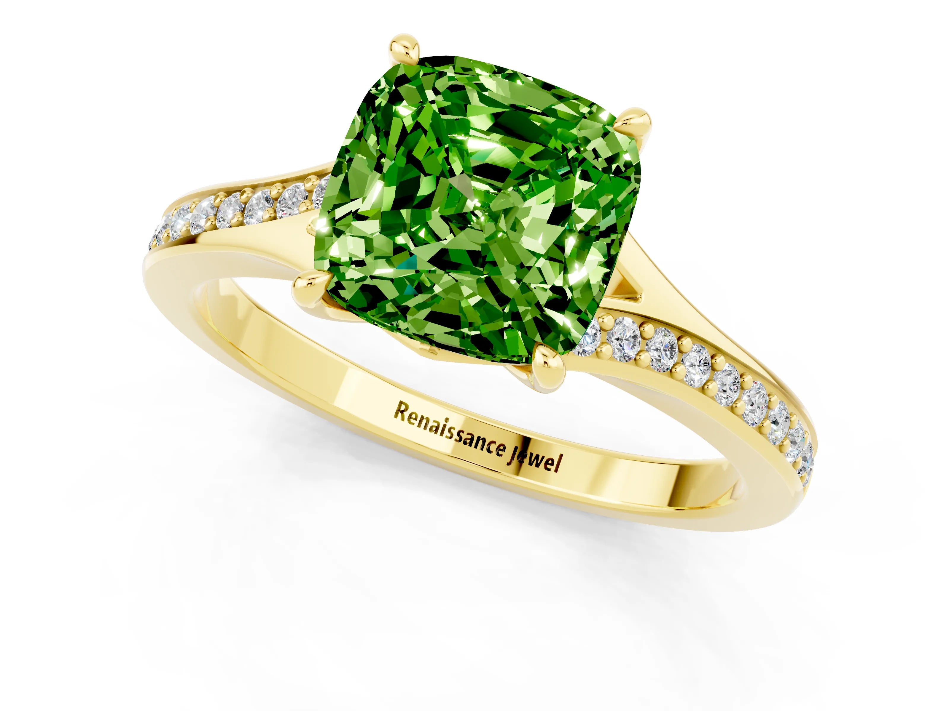 Yellow gold Cushion Cut Peridot Solitaire Ring with Pavé Band and Prong Setting_13
