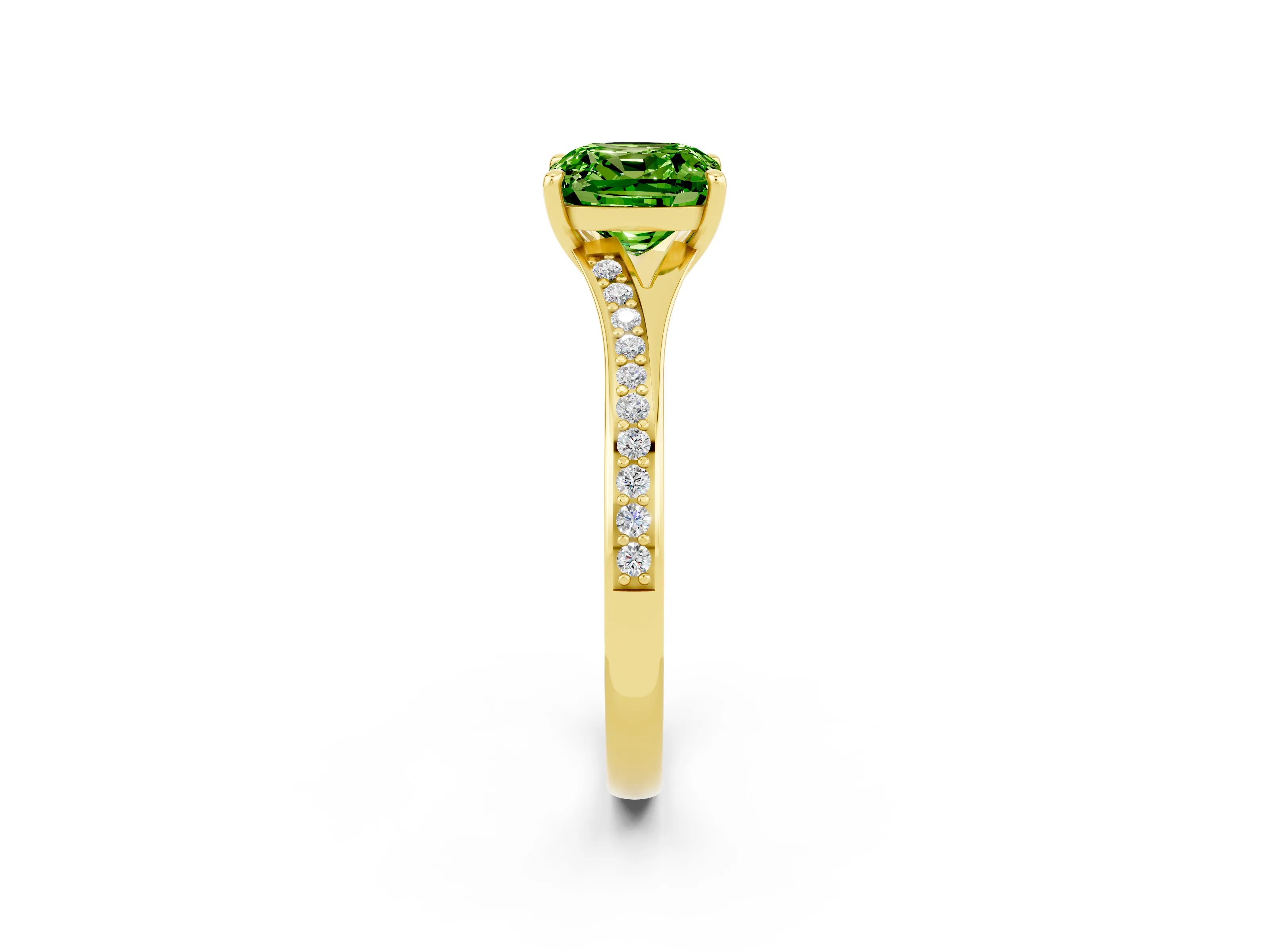 Yellow gold Cushion Cut Peridot Solitaire Ring with Pavé Band and Prong Setting_14