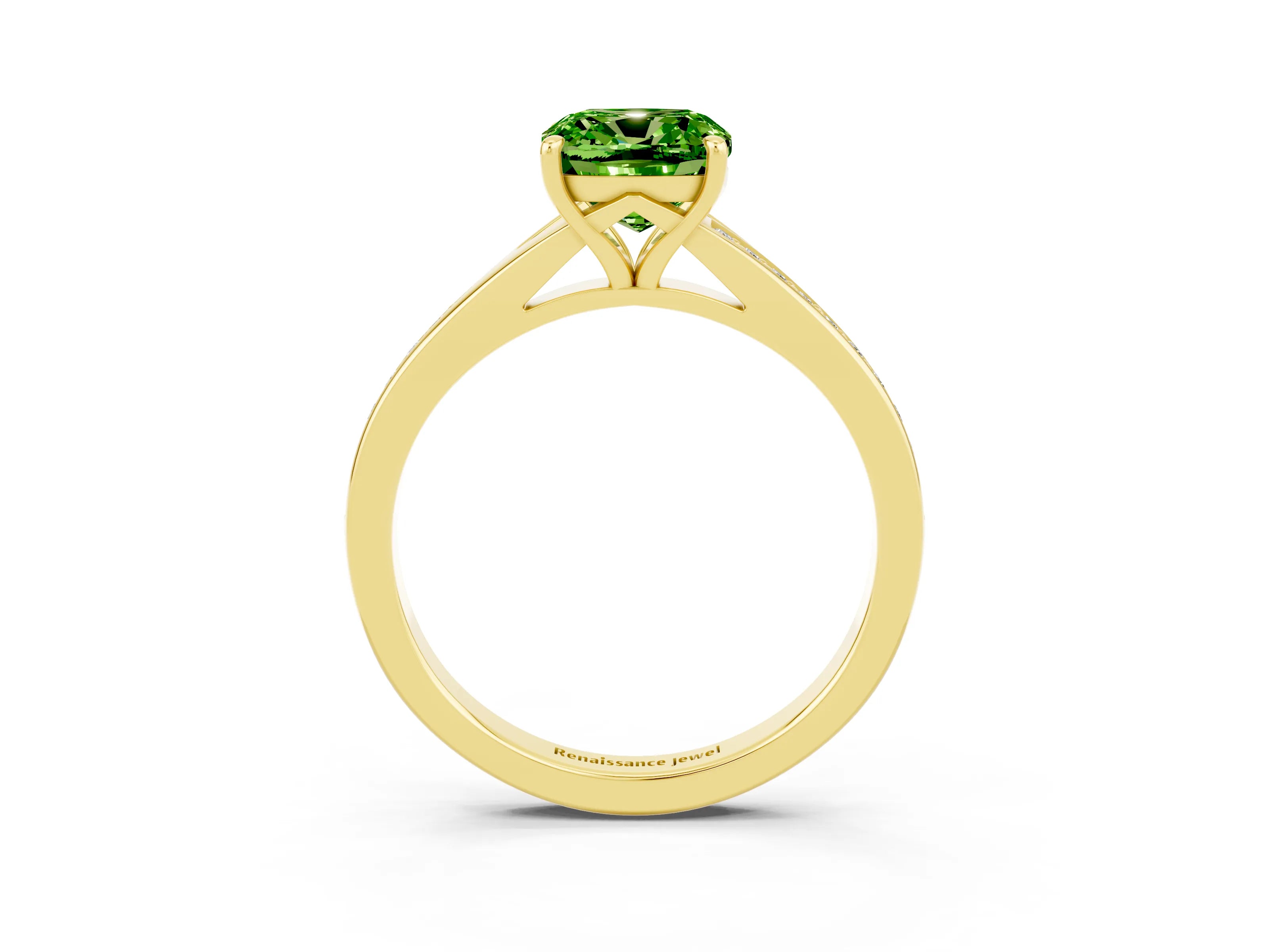 Yellow gold Cushion Cut Peridot Solitaire Ring with Pavé Band and Prong Setting_15