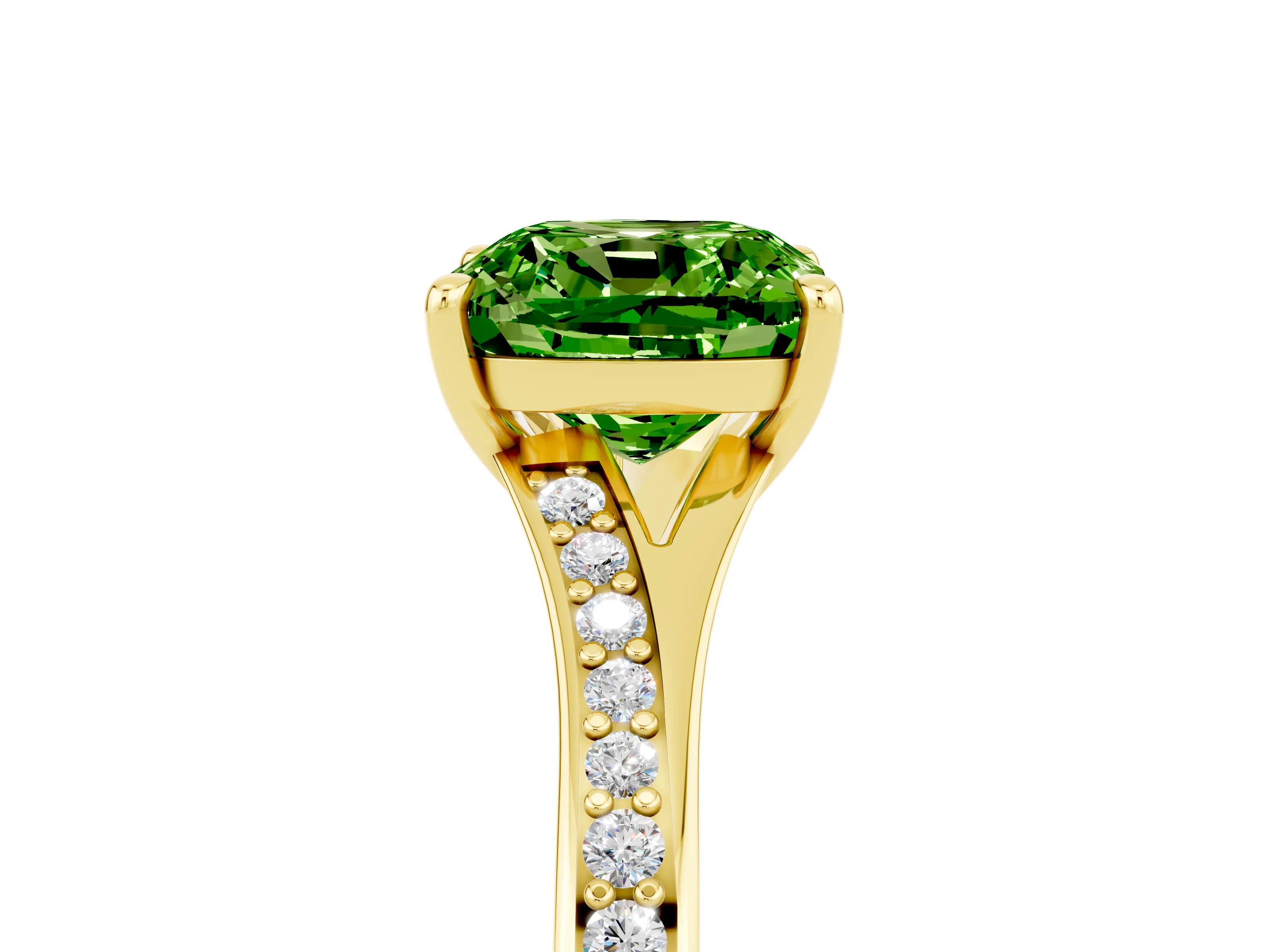 Yellow gold Cushion Cut Peridot Solitaire Ring with Pavé Band and Prong Setting_17