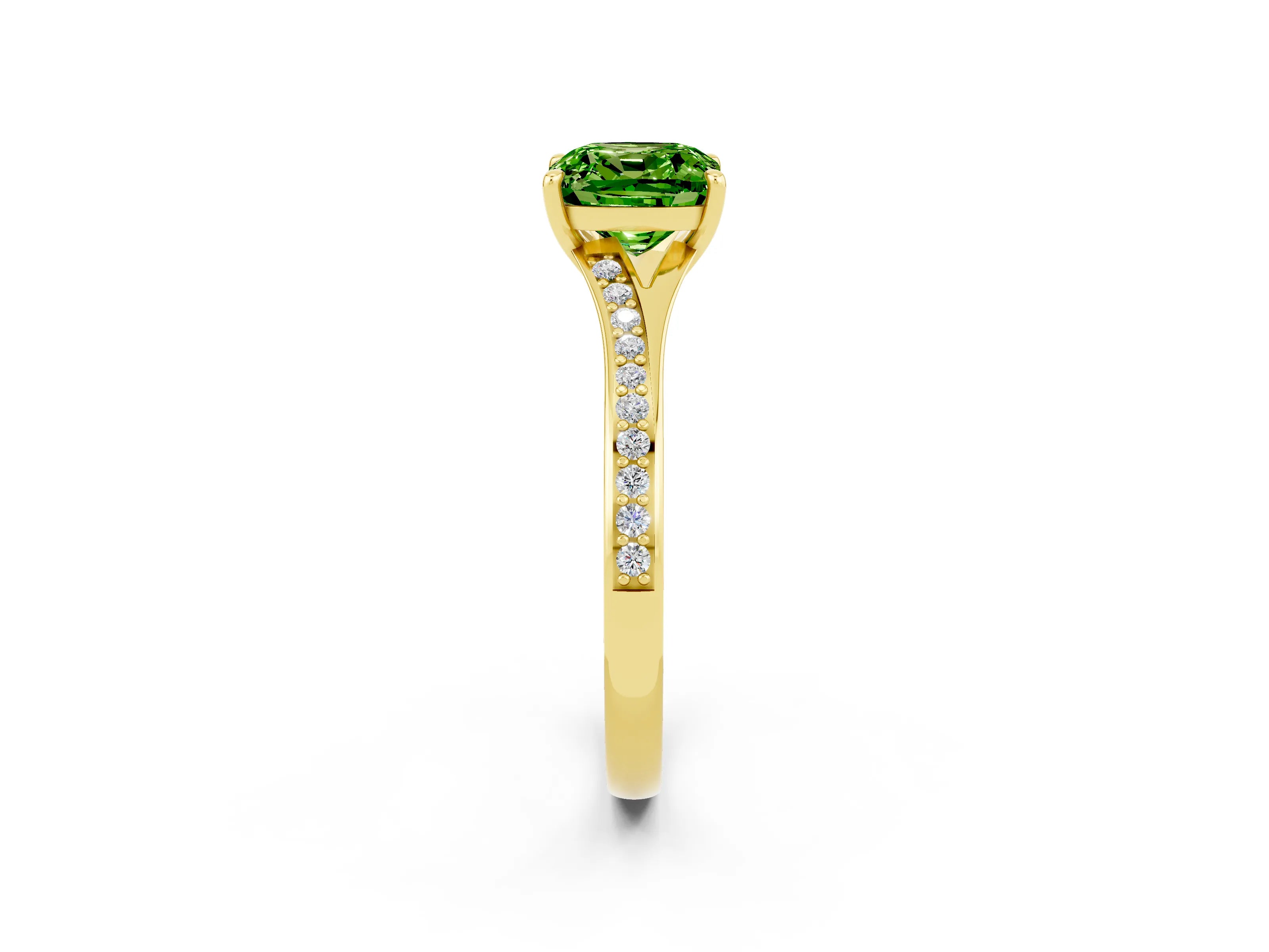Yellow gold Cushion Cut Peridot Solitaire Ring with Pavé Band and Prong Setting_2