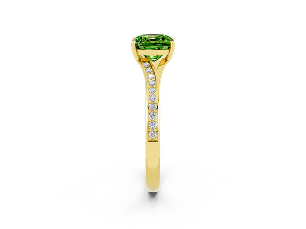 Yellow gold Cushion Cut Peridot Solitaire Ring with Pavé Band and Prong Setting