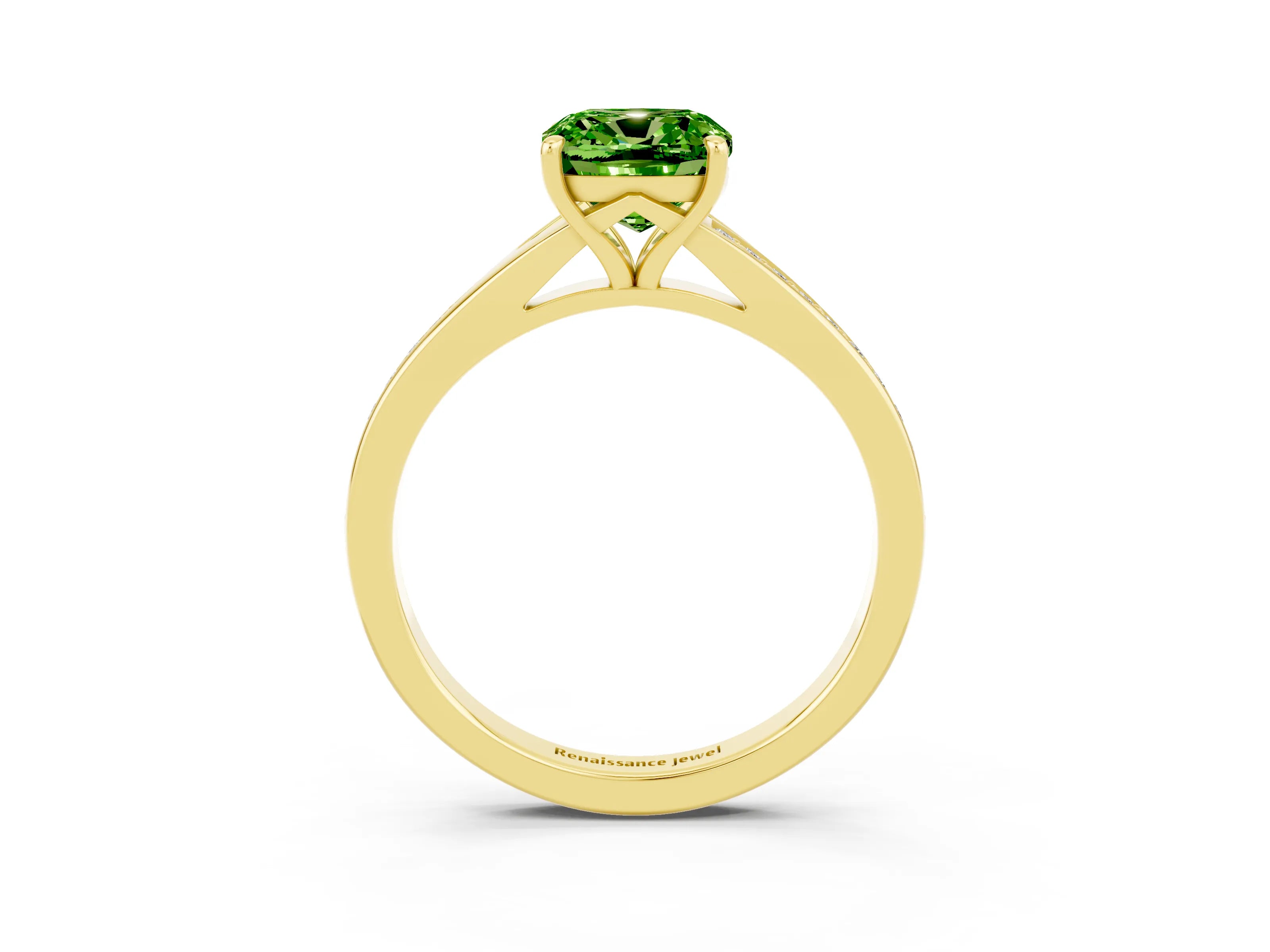 Yellow gold Cushion Cut Peridot Solitaire Ring with Pavé Band and Prong Setting_3