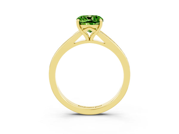 Yellow gold Cushion Cut Peridot Solitaire Ring with Pavé Band and Prong Setting