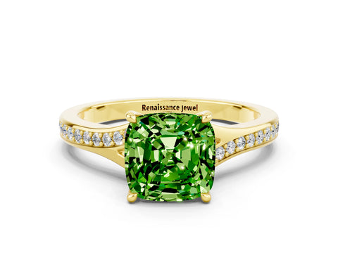 Yellow gold Cushion Cut Peridot Solitaire Ring with Pavé Band and Prong Setting