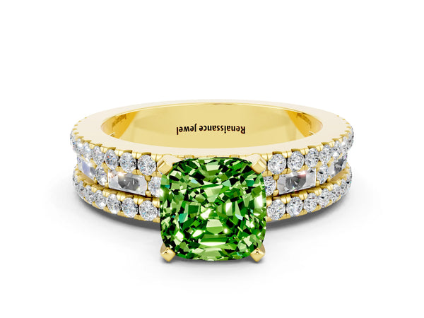 Yellow gold Cushion Cut Peridot Solitaire Ring with Pavé and Channel Set Band
