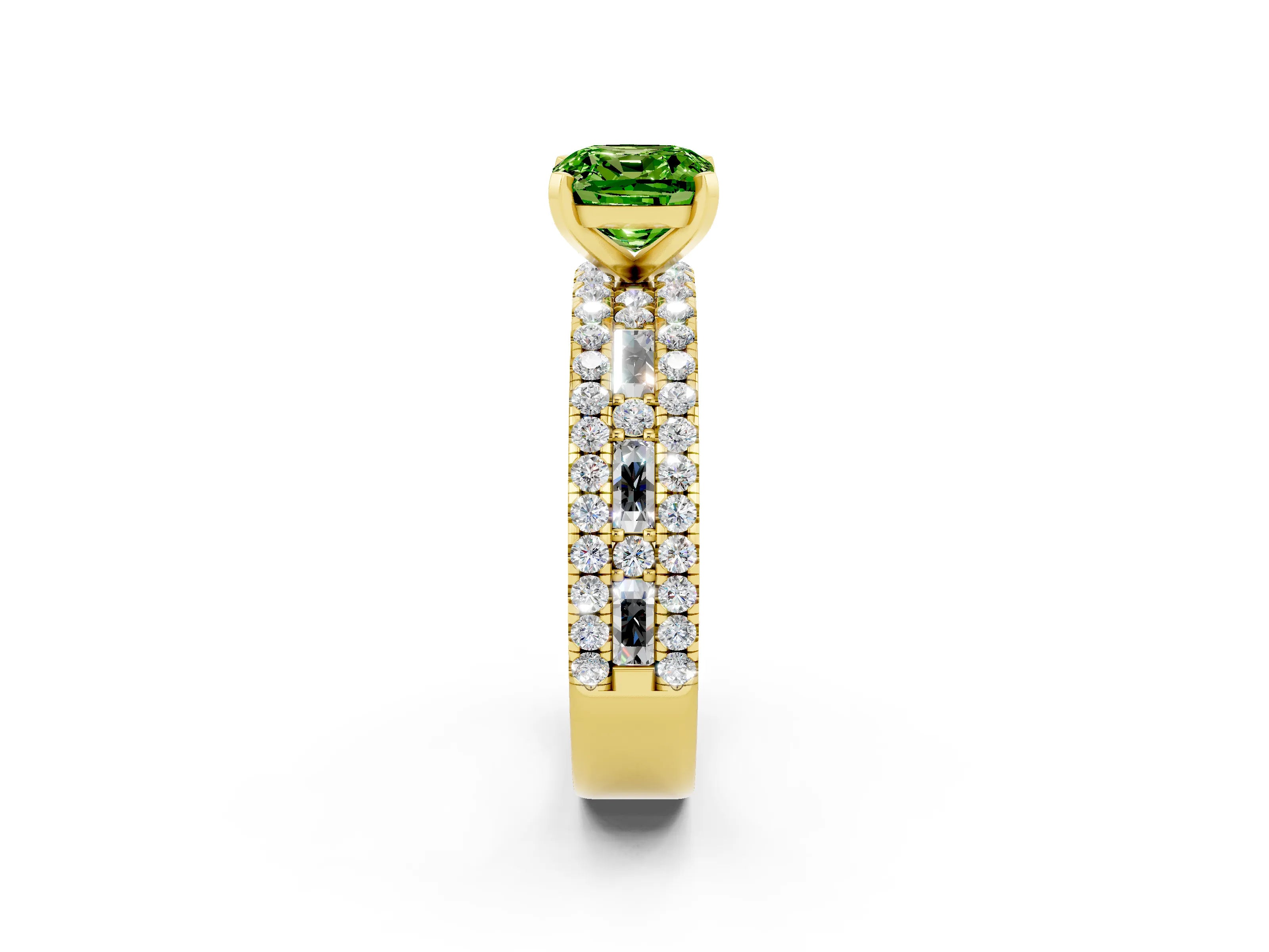 Yellow gold Cushion Cut Peridot Solitaire Ring with Pavé and Channel Set Band_2