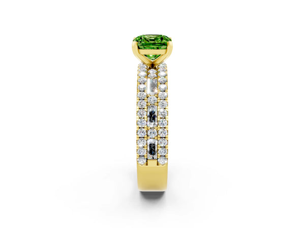 Yellow gold Cushion Cut Peridot Solitaire Ring with Pavé and Channel Set Band