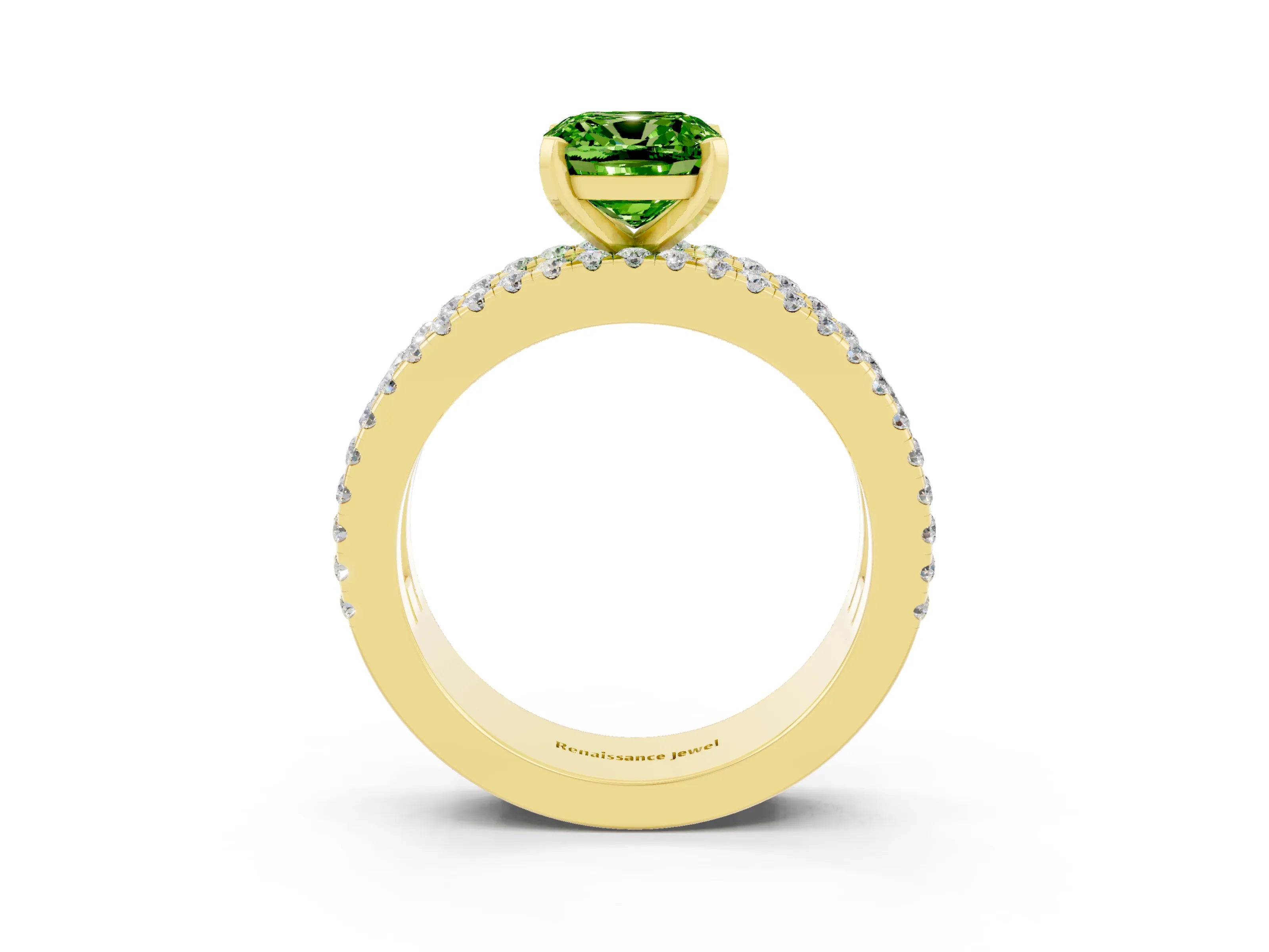 Yellow gold Cushion Cut Peridot Solitaire Ring with Pavé and Channel Set Band_3